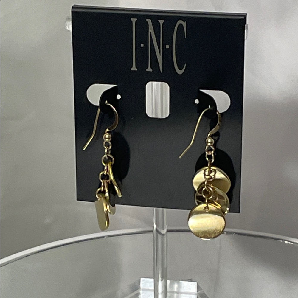 INC Gold Dangle Earrings with triple medallions 2 brushed gold & 1 shiny gold
